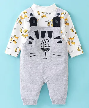 Wonderchild Full Sleeves Tiger Printed Tee With Dungaree Style Romper - Grey