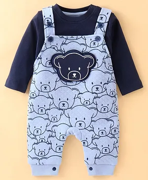 Wonderchild Full Sleeves Solid Tee With Teddy Patch Detailed & Printed Dungaree - Blue