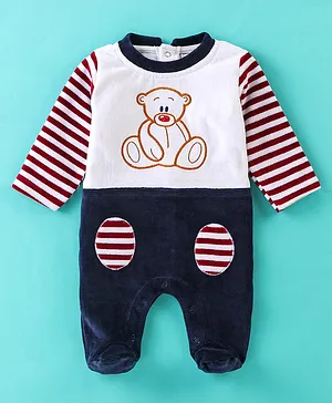 Wonderchild Velour  Full Sleeves Teddy Embroidered & Striped Footed Romper - Navy Blue