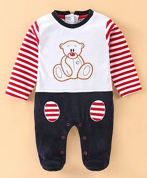 Wonderchild Velour  Full Sleeves Teddy Embroidered & Striped Footed Romper - Navy Blue