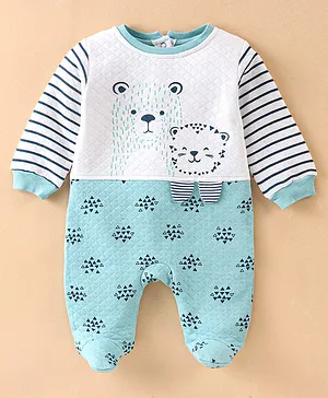 Wonderchild Velour Full Sleeves Baby Bear & Tiger Printed & Striped Footed Romper - Sea Green