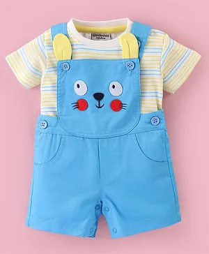 Wonderchild  Half Sleeves Striped Tee  With Cat Face Embroidered Dungaree - Blue