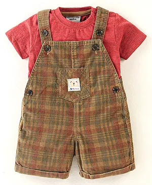 Wonderchild Half Sleeves Solid With Checked Dungaree Style Romper - Red & Beige