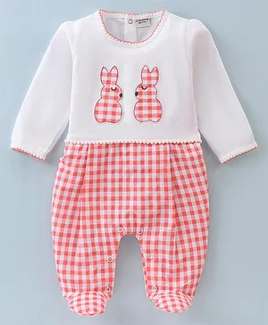 Wonderchild Full Sleeves Gingham Checked & Bunny Detailed Footed Romper - Red & White