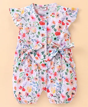 Wonderchild Cap Sleeves Seamless Watercolour Effect Floral Printed Romper - Multi Colour