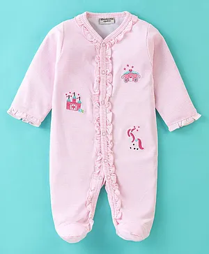 Wonderchild Full Sleeves Striped & Castle Embroidered Romper - White & Pink