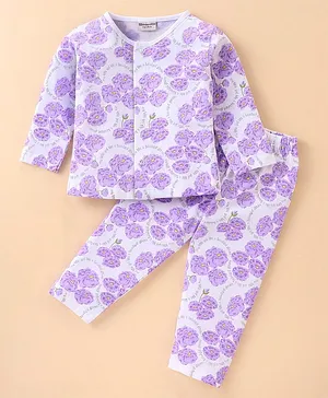 Wonderchild Full Sleeves Seamless Flowers Printed Coordinating Night Suit - Mauve Purple