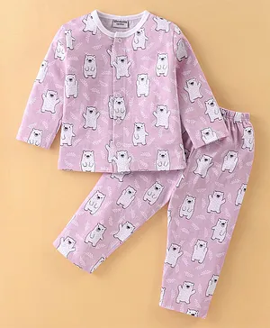 Wonderchild Full Sleeves Bears & Leaf Printed Tee With Pajama - Pink
