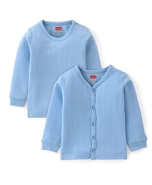 Babyhug Cotton Blend Full Sleeves Front Open and Pullover Solid Color Thermal Wear Pack Of 2 - Blue