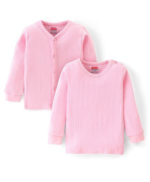 Babyhug Cotton Blend Full Sleeves Front Open and Pullover Solid Color Thermal Wear Pack of 2 - Pink