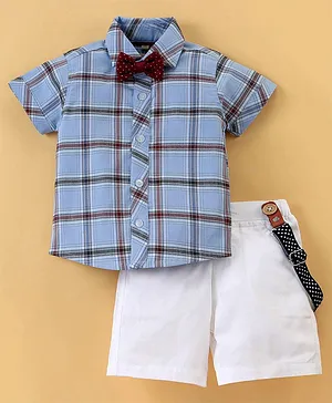Jo&Bo Half Sleeves Checked 4 Piece Coordinating Shirt & Bottom Set - Blue