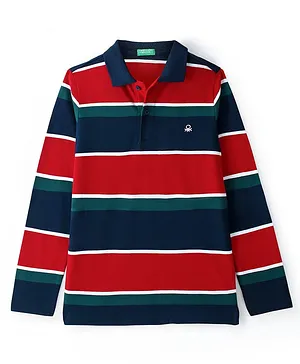 UCB Cotton Knit Full Sleeves Striped Polo T-Shirt - Red & Blue