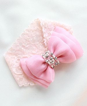 CHOKO Pearl And Crystal Lace Bow Adjustable Hair Band - Pink & Peach