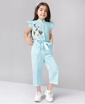 Naughty Ninos Frill Cap Sleeves Placement Garden Flowers Embroidered Jumpsuit - Sea Green