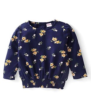 Babyhug 100% Rayon Full Sleeves Floral Printed Top With Smocking Detailing- Navy Blue
