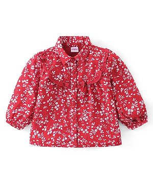 Babyhug Full Sleeves Rayon Floral Printed Top with Frill & Lace Detailing - Red