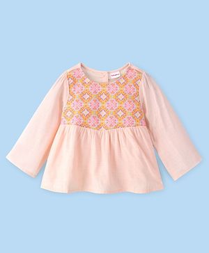 Babyhug Full Sleeves 100% Rayon Woven Gathered Top with Embroidery Detailing - Peach