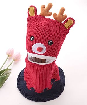 Babyhug Monkey Cap Reindeer Print - Red
