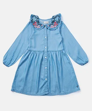GINI & JONY  Full Sleeves Floral Collar embroidered Button Down - Blue