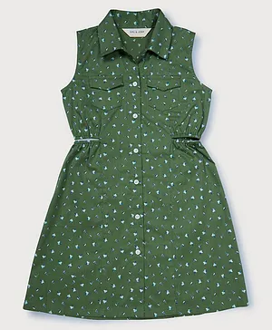 GINI & JONY Sleeveless Flower Motif Printed Hollow Out Detailed Shirt Dress - Green