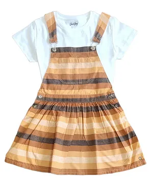 GINI & JONY Half Sleeves Multi Color Broad Striped  Dungaree Dress With Tee -  Brown