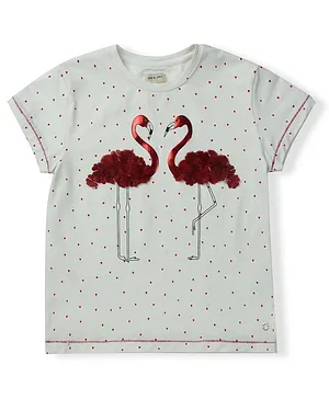 Gini And Jony  Half Sleeves All Over Printed Flamingo Applique Top - White