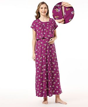 Bella Mama 100% Cotton Knit Half Sleeves Nighty with Concealed Zipper Floral Print - Purple