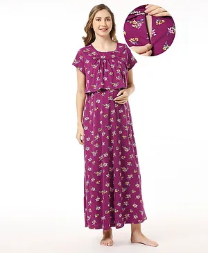 Bella Mama 100% Cotton Knit Half Sleeves Nighty with Concealed Zipper Floral Print - Purple