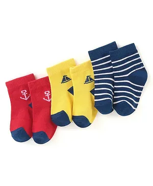 Doodle Poodle Cotton Blend Ankle Length Striped Socks Anchor Design Pack of 3 - Red Yellow & Navy Blue