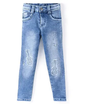 Enfance Guitar Embroidered & Stone Embellished Button Down Jeans - Blue