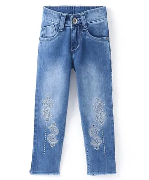 Enfance Dollar Embroidered & Stone Embellished Button Down Denim Jeans - Blue