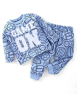 Babyhug Cotton Knit Full Sleeves Night Suit Ball Print - Blue