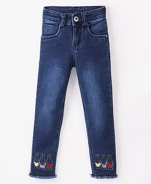 Enfance Washed & Distressed Hem Detailed Bunny Embroidery Full Denim Jeans - Dark Blue