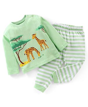 Babyhug Cotton Knit Full Sleeves Night Suit Stripes & Giraffe Print - Green