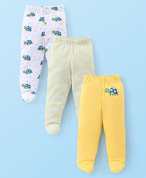 Babyhug Cotton Footed Bootie Leggings Striped & Tortoise Printed Pack of 3 - Yellow & Blue