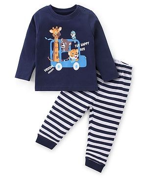 Babyhug Cotton Knit Full Sleeves Night Suit With Animals Print - Navy Blue
