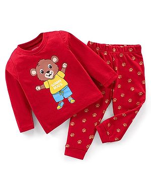 Babyhug Cotton Knit Full Sleeves Bear Print Night Suit - Red