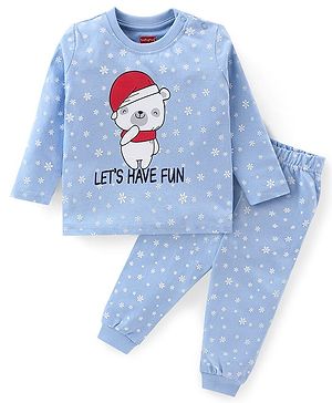 Babyhug Cotton Knit Single Jersey Full Sleeves Night Suit With Polar Bear & Snowflake Print - Blue