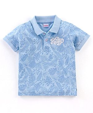 Babyhug Cotton Knit Half Sleeves Polo T-Shirt With Tropical Print - Blue