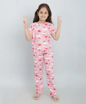 Ninos Dreams Half Sleeves Seamless Unicorns & Clouds Printed Coordinating Night Suit - Pink