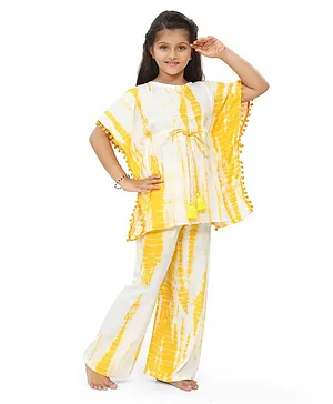 Ninos Dreams Half Sleeves Shibori Tie Dye Kaftan With Palazzo Lounge Set - Yellow And White