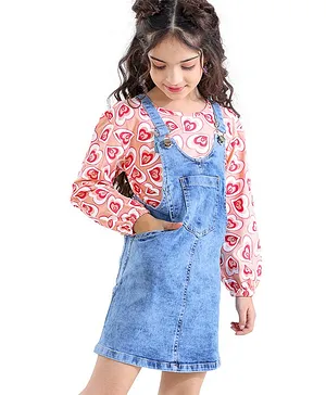 Ollington St. Full Sleeves Top with Heart Print and Stretchable Denim Pinafore - Pink & Indigo