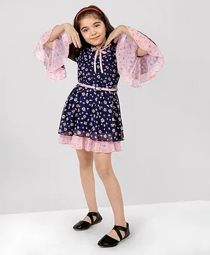 Naughty Ninos Three Fourth Bell Sleeves Floral Printed Fit And Flare Dress - Navy Blue And Pink