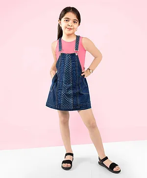 Naughty Ninos Pure Cotton Sleeveless Solid Tee With Frill Detailed A Line Pinafore Dress - Dark Blue