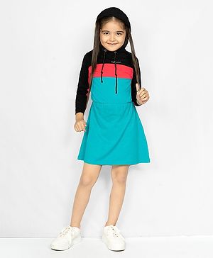 Naughty Ninos Full Sleeves Colour Blocked A Line Hooded Dress - Blue