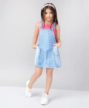 Naughty Ninos Sleeveless Solid Tee With Frill Detailed A Line Pinafore Dress - Blue