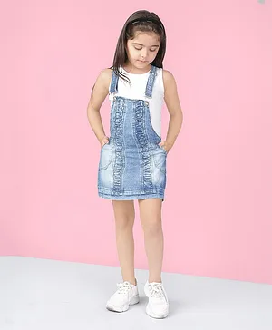 Naughty Ninos Sleeveless Solid Tee With Frill Detailed A Line Pinafore Dress - Blue & White