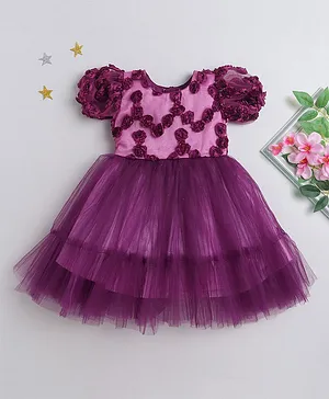 Many frocks &  Half Puff Sleeves Tulle And Rose Flared Party Dress - Purple