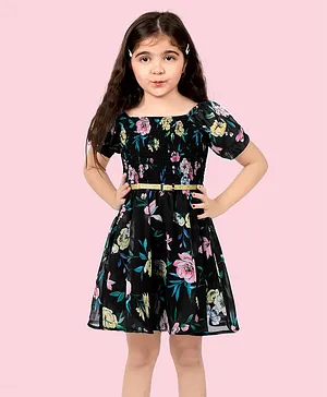 Naughty Ninos Puffed Half Sleeves Embellished Floral Printed Fit & Flared Dress With Belt - Black