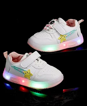 PASSION PETALS  Star Embossed Velcro Detailed LED Shoes - White Pink